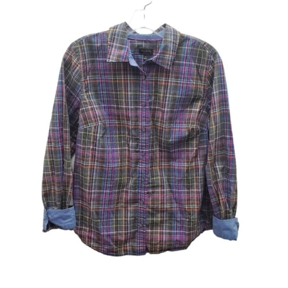 Talbots Plaid Button Down Chambray Cuff Size 10 Cotton Prep